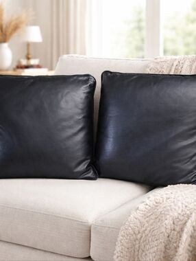 Portofino Black Genuine Leather Pillow Set 22x22 Down Insert Luxury Decor (2)